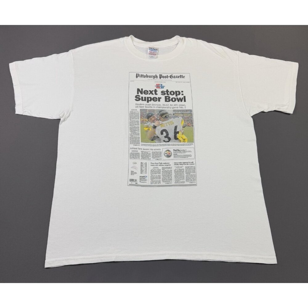 Rare Vintage Y2K Pittsburgh Steelers Super Bowl Newspaper Gazette Art White XL T